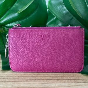 Authentic Fendi Fuchsia Leather Card & Coin Wallet with Keychain